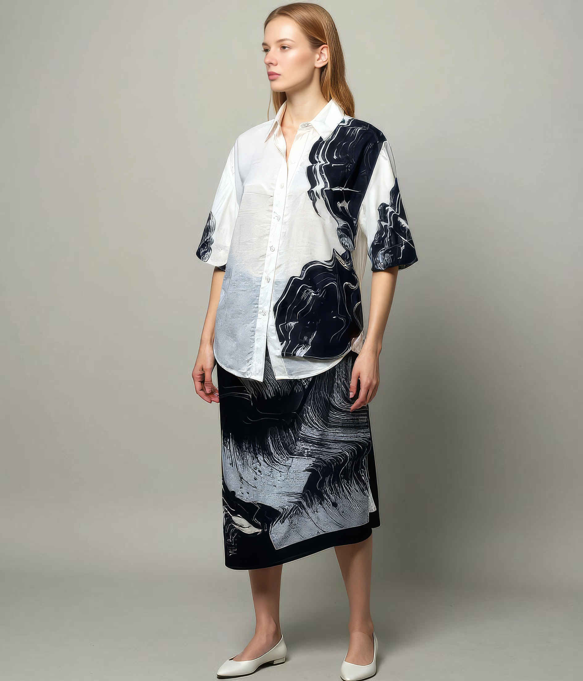 Editorial on-model output showing garment detail